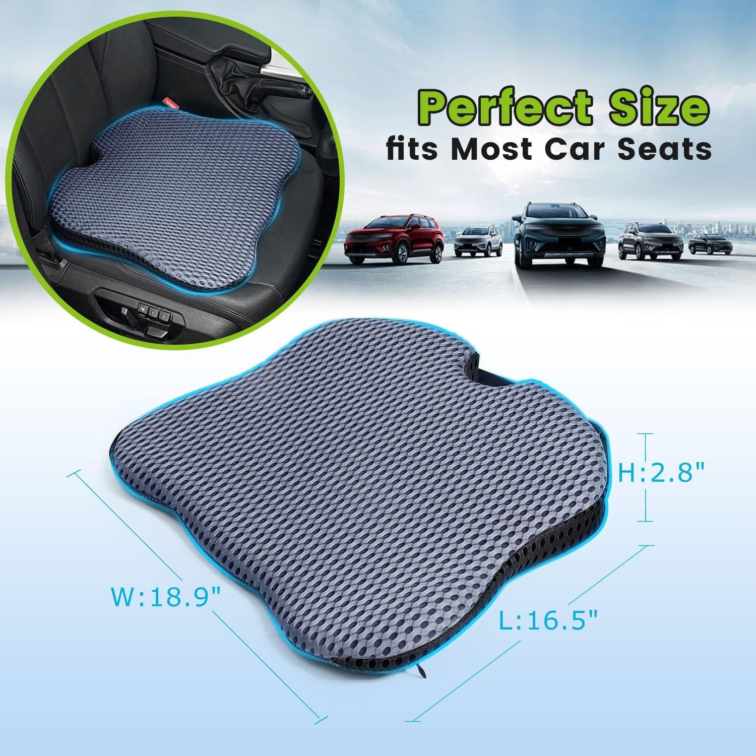 Wedge Seat Cushion for Car Seat Driver/Passenger- Car Seat Cushions for Driving Improve Vision/Posture - Memory Foam Car Seat Cushion for Hip Pain (Mesh Cover,Gray)