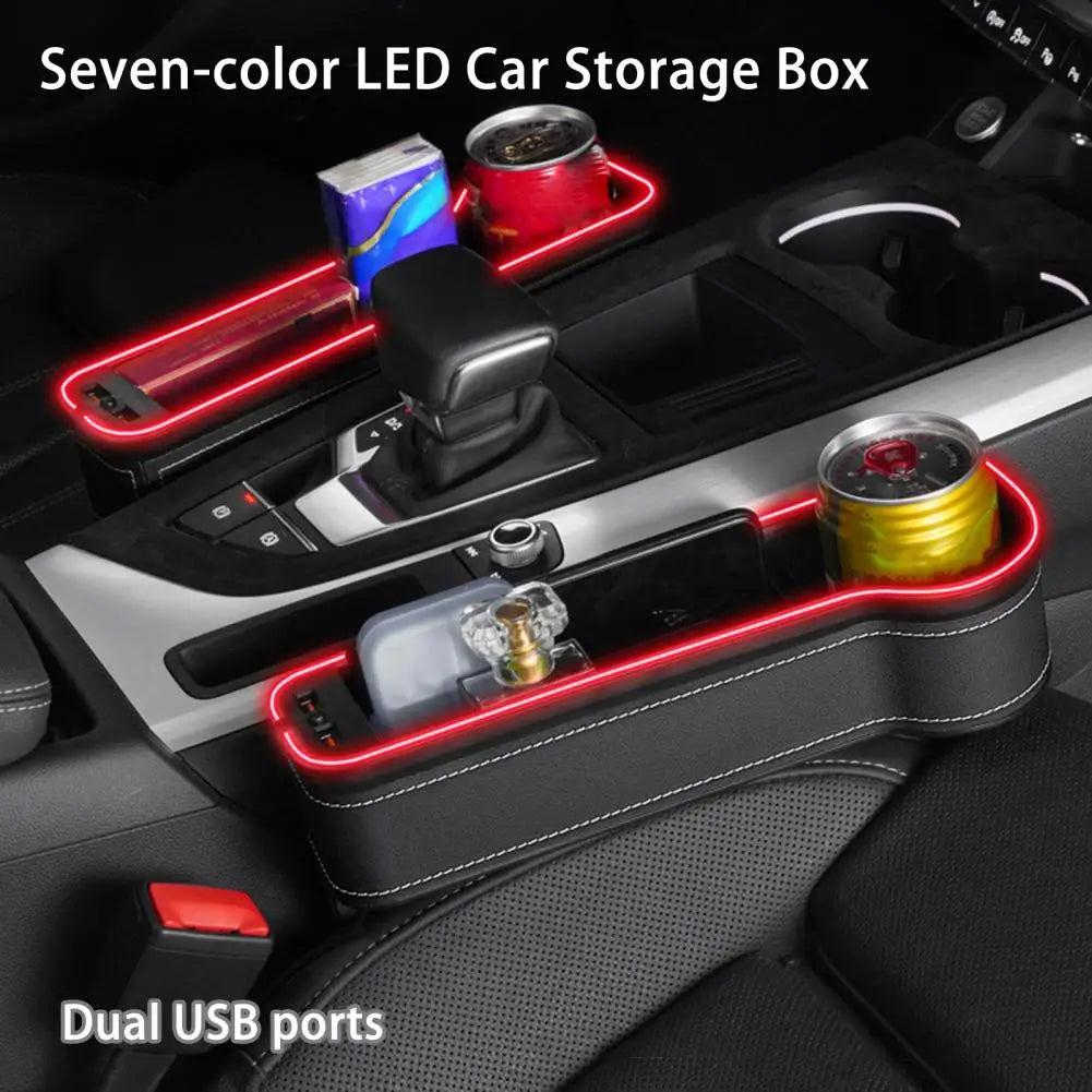 New Car Crevice Storage Box with 2 USB Charger Colorful LED Seat Gap Slit Pocket Seat Organizer Card Phone Bottle Cups Holder