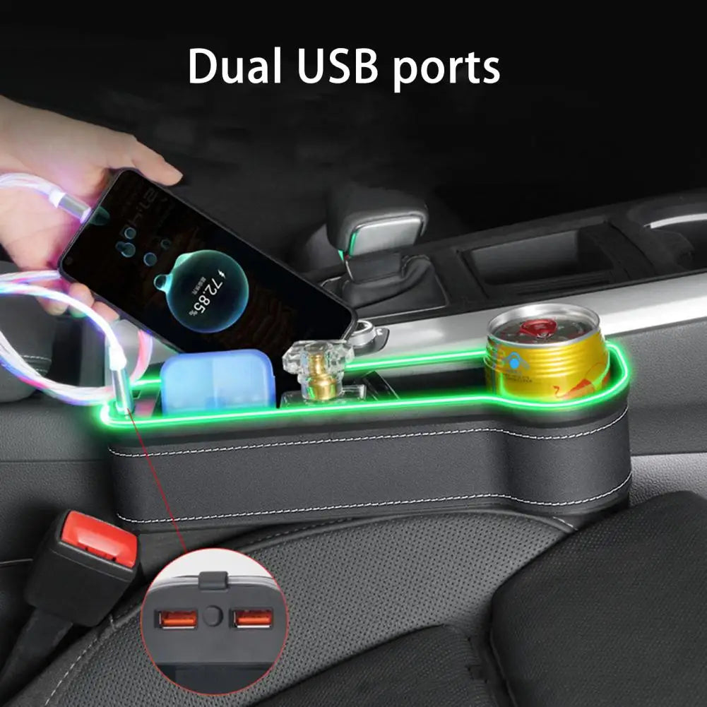 New Car Crevice Storage Box with 2 USB Charger Colorful LED Seat Gap Slit Pocket Seat Organizer Card Phone Bottle Cups Holder